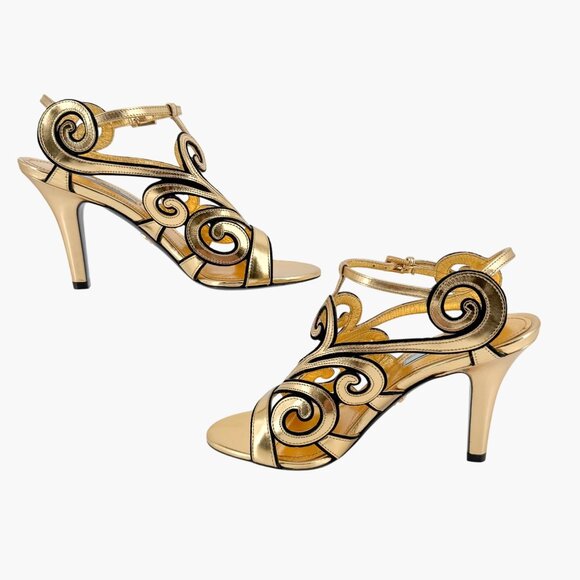 Prada Baroque Gold Caged Sandals Size 37.5 US 7.5 Cutout Metallic Leather Heels - Picture 11 of 15
